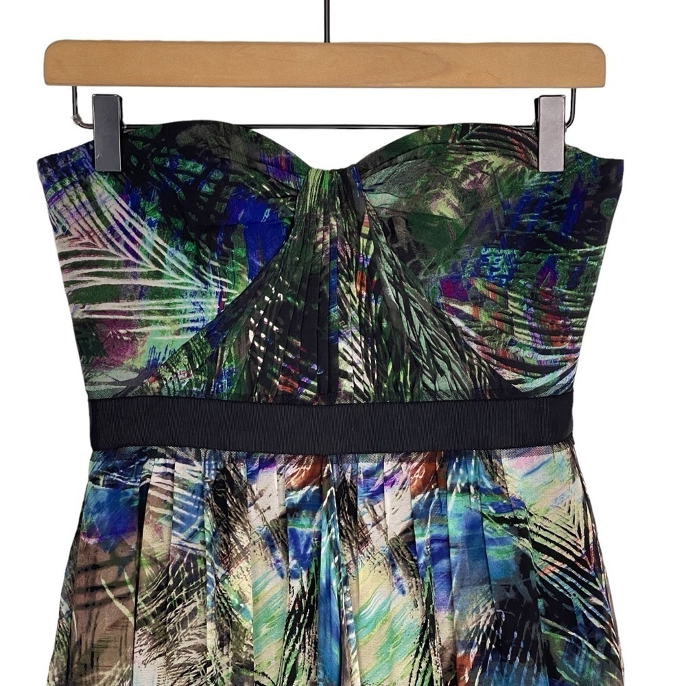 BCBGMaxazria Tae Strapless Silk Maxi Dress 2 Black Peacock Print Sweetheart Gown - Picture 2 of 10